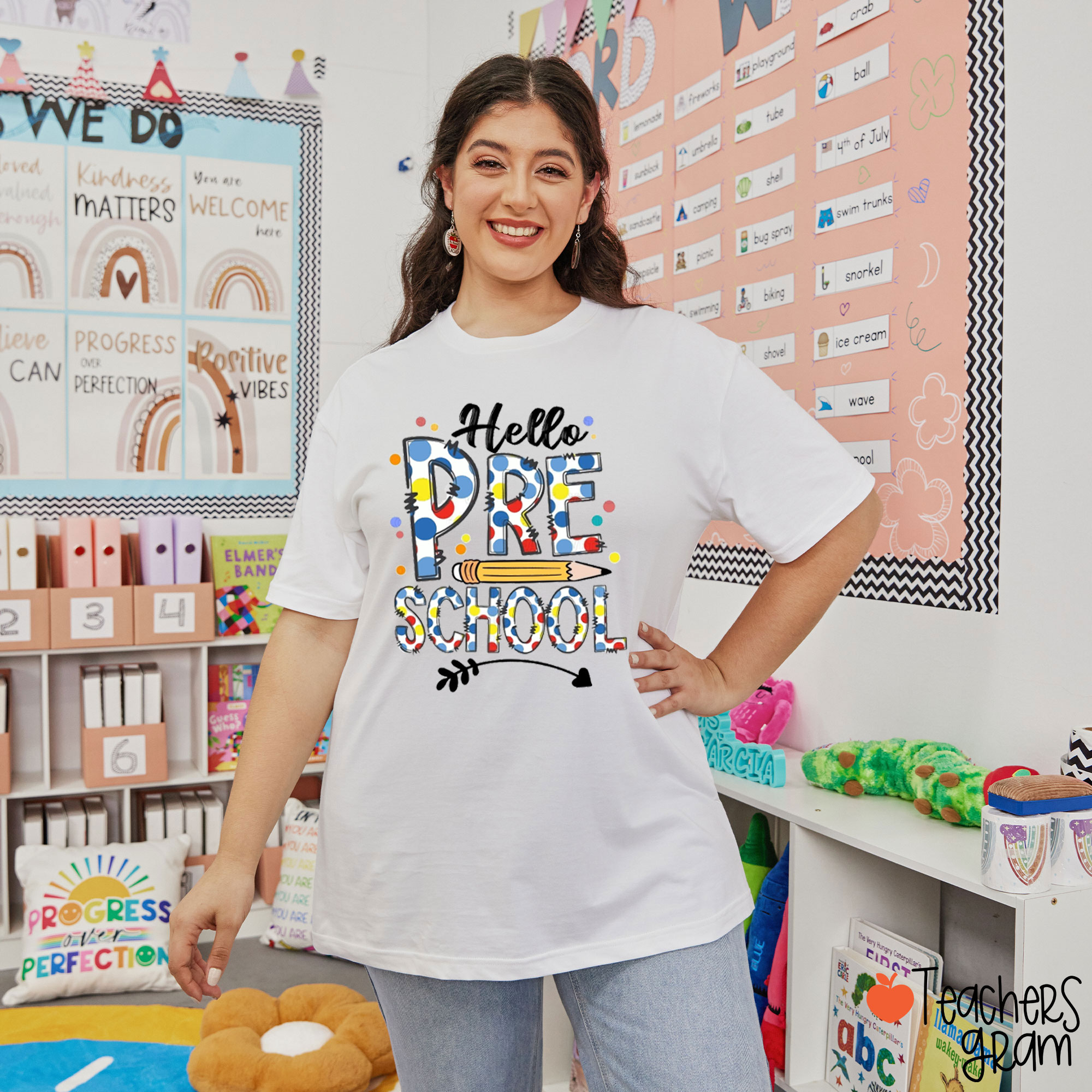 Personalized Colorful Dot Letters Hello Grade Teacher T-Shirt