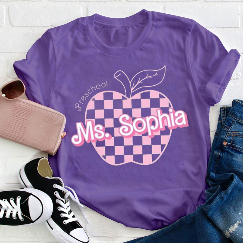 Personalized Pink Checkerboard Hearts Teacher T-Shirt