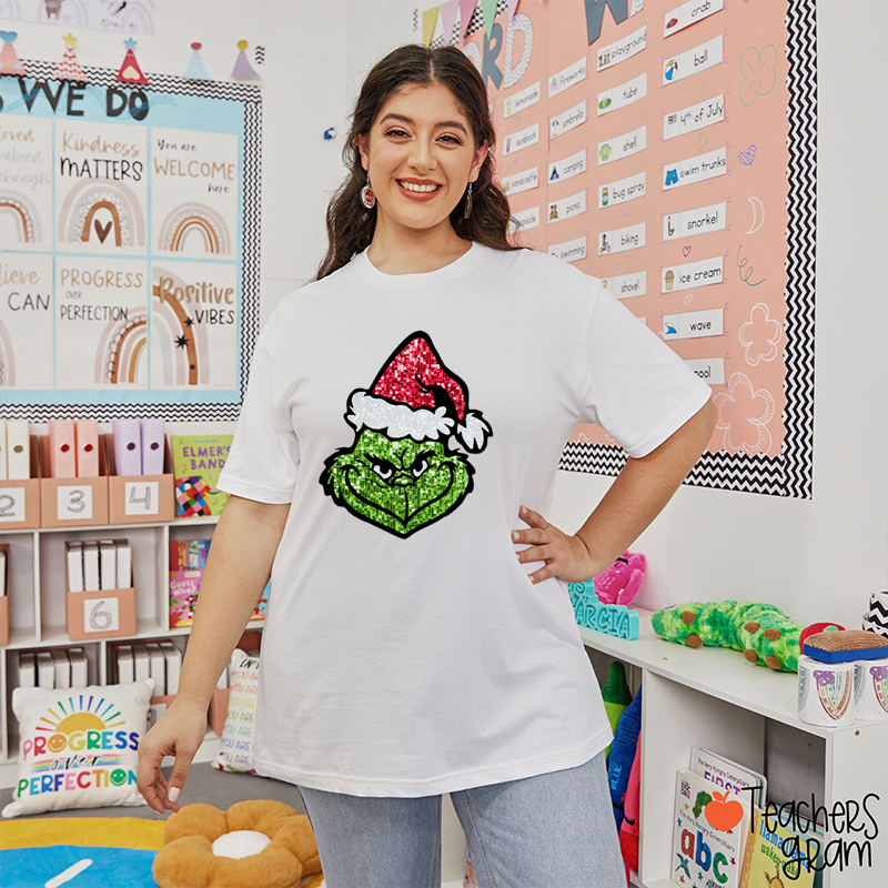Glitter Green Guy Christmas Teacher T-Shirt