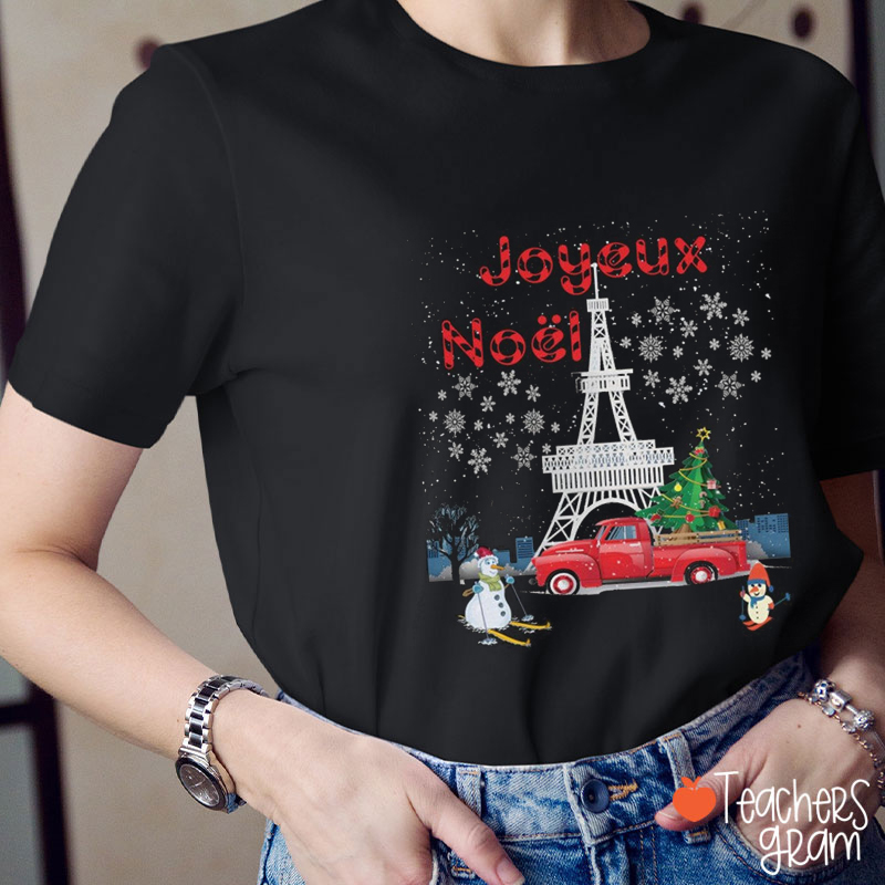Joyeux Noël Eiffel Tower Snowman Christmas French Teacher T-Shirt