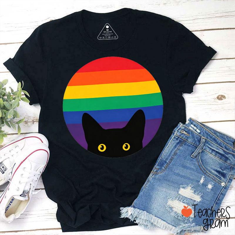 Peeking Cat In Rainbow Teacher T-Shirt