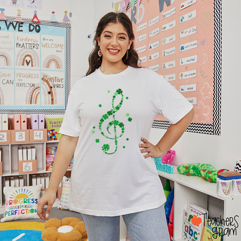 Music Note Four Leaf Clover Teacher T-Shirt