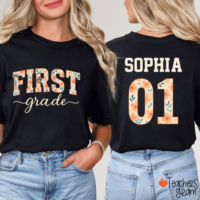 Personalized Grade And Name Floral Back To School Teacher Two Sided T-Shirt