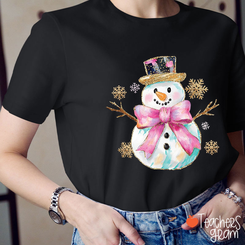 Glitter Bow Snowman Teacher T-Shirt