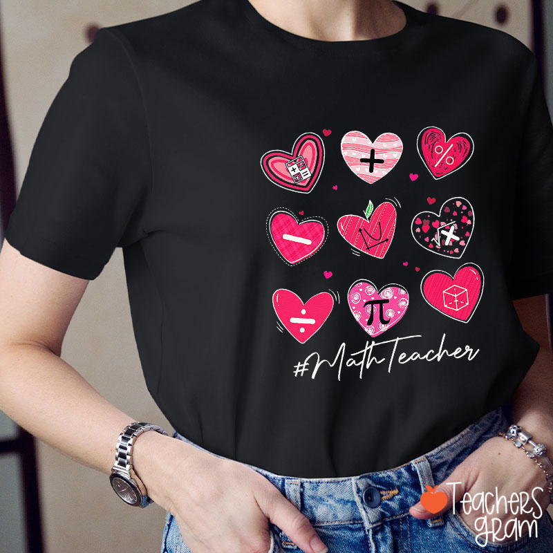 Pink Heart Math Symbols Teacher T-Shirt