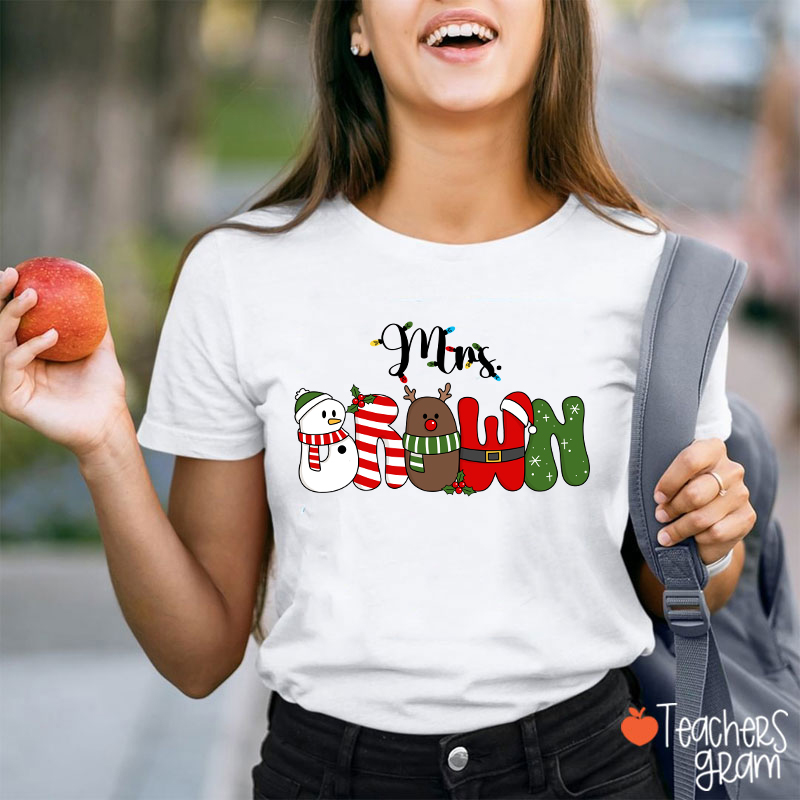 Personalized Name Cute Christmas Element Font Teacher T-Shirt