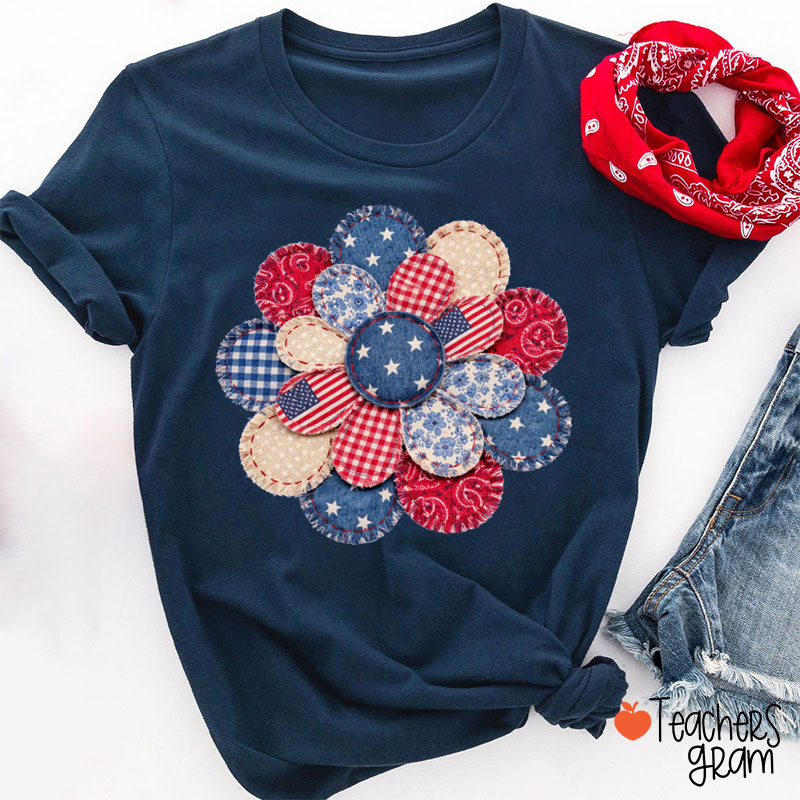 Faux Patchwork American Flag Flower Teacher T-Shirt
