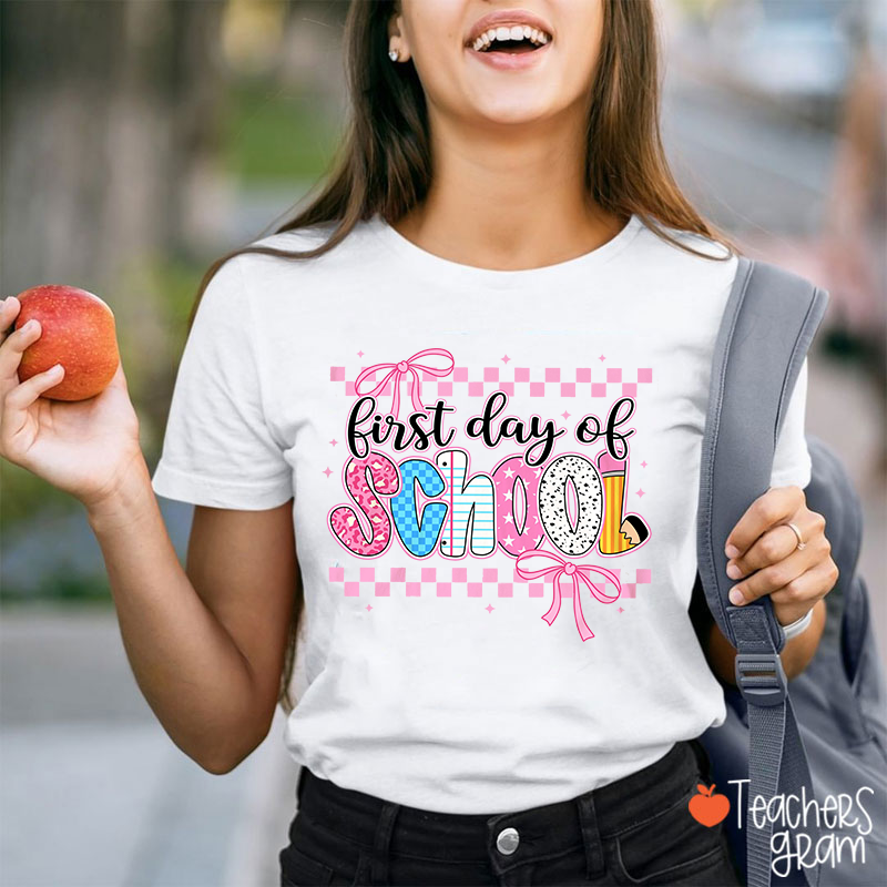 First Day Of School Pink Checkerboard Teacher T-Shirt