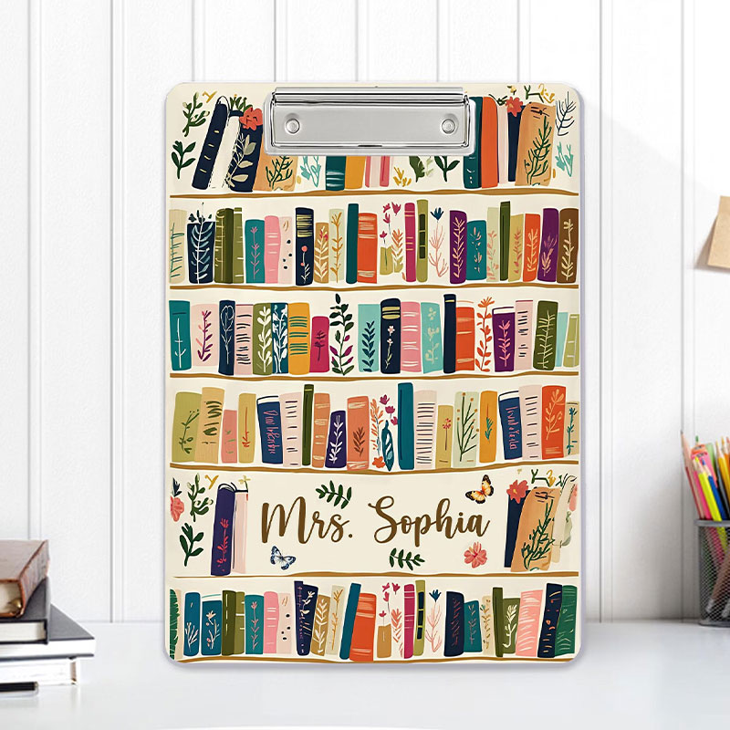 Personalized Hand Drawn Illustration Bookshelf And Name Teacher Clipboard