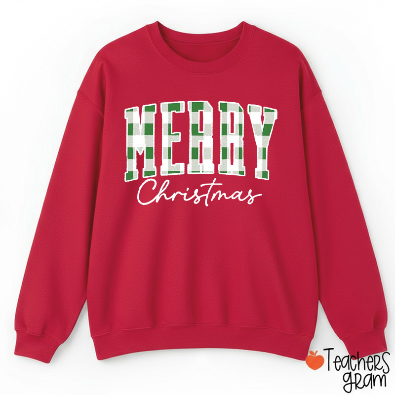 Personalized Merry Christmas Buffalo Plaid Teacher Sweatshirt