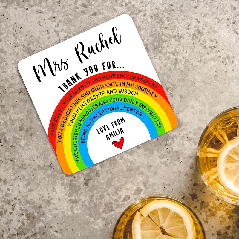 Personalised Name Appreciation Rainbow Gift For Teacher Coasters