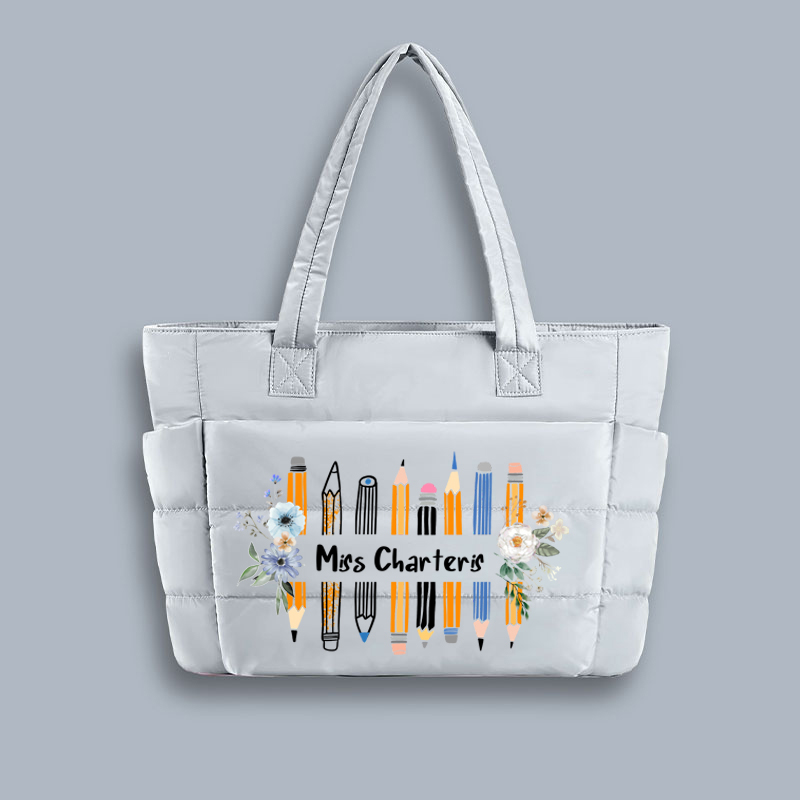 Personalized Name Colored Pencil Flowers Teacher Puffy Tote Bag