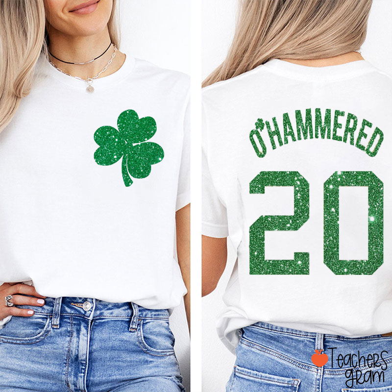 Personalized Name And Number Shamrock Glitter Teacher Two Sided T-Shirt