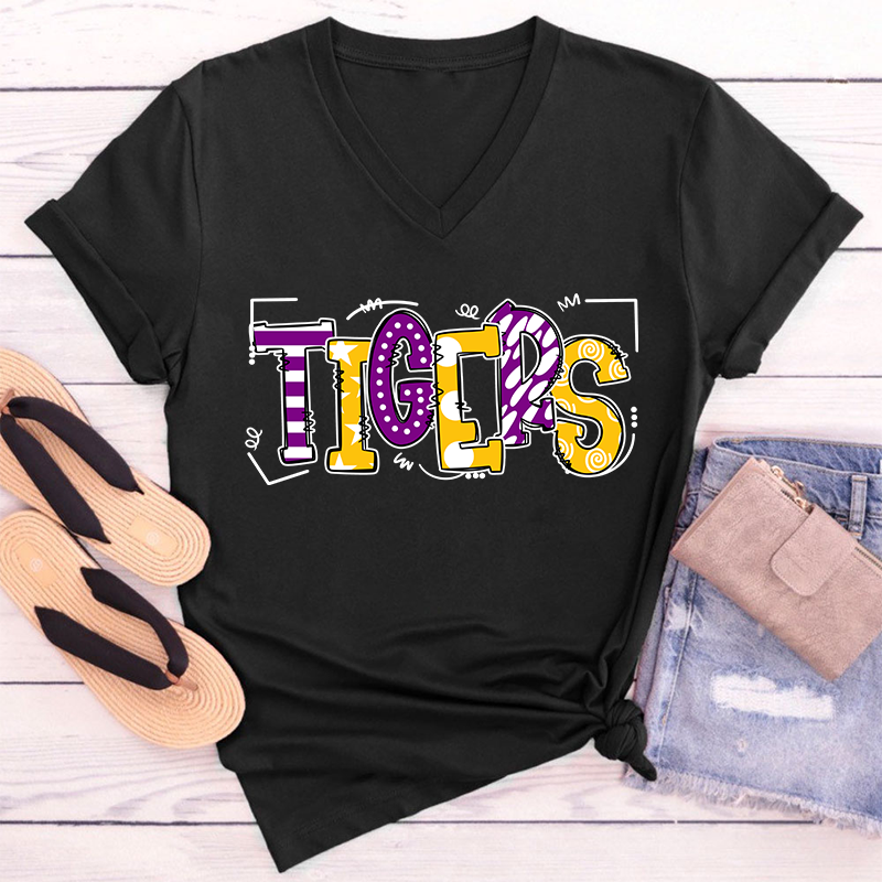 Personalized Mascot Cute Fonts Game Day Teacher Female V-Neck T-Shirt