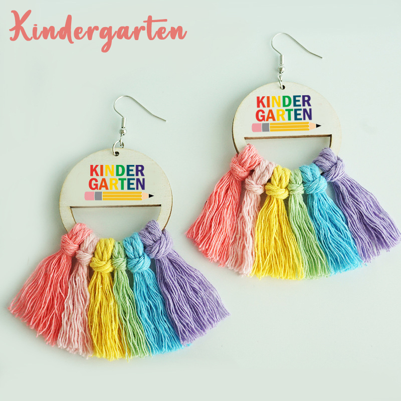 Grade Tassel Rainbow Teacher Wooden Earrings