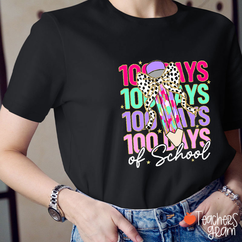 100 Days Of School Leopard Print Bow Pencil Teacher T-Shirt