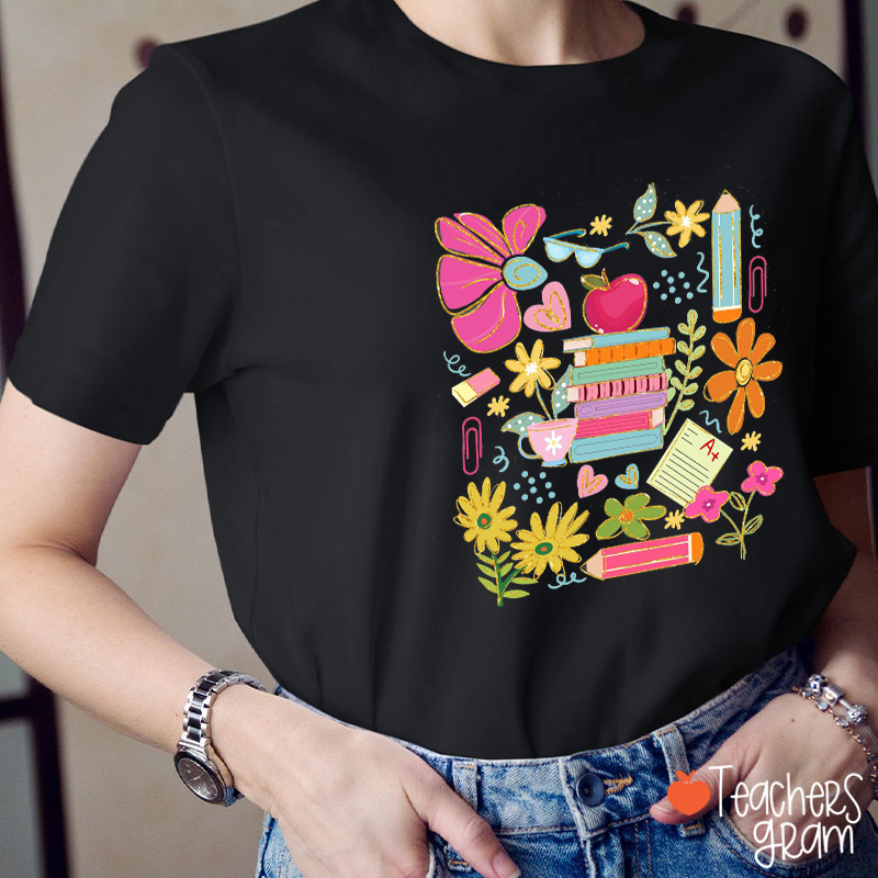 Books Flowers Pencils Notebooks Apples Stationery Teacher T-Shirt