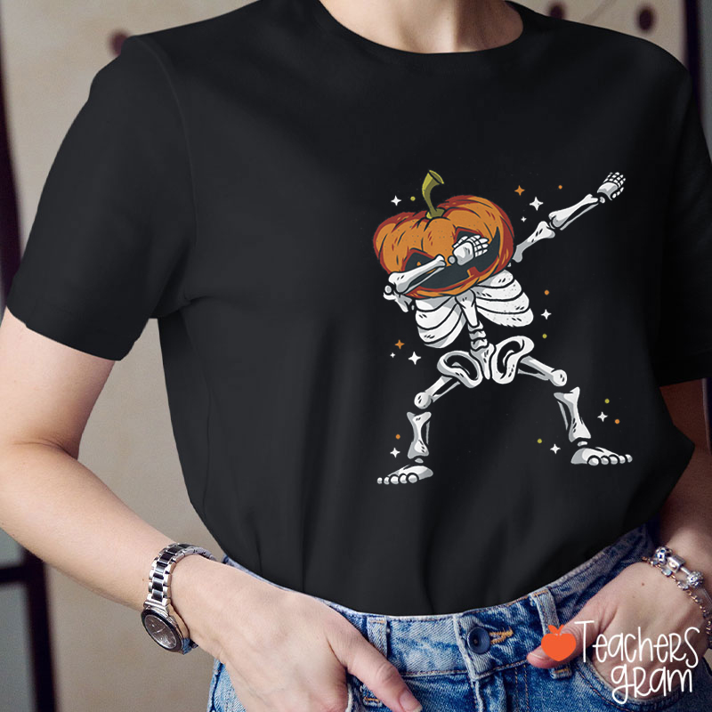Pumpkin Skeleton Halloween Teacher T-Shirt