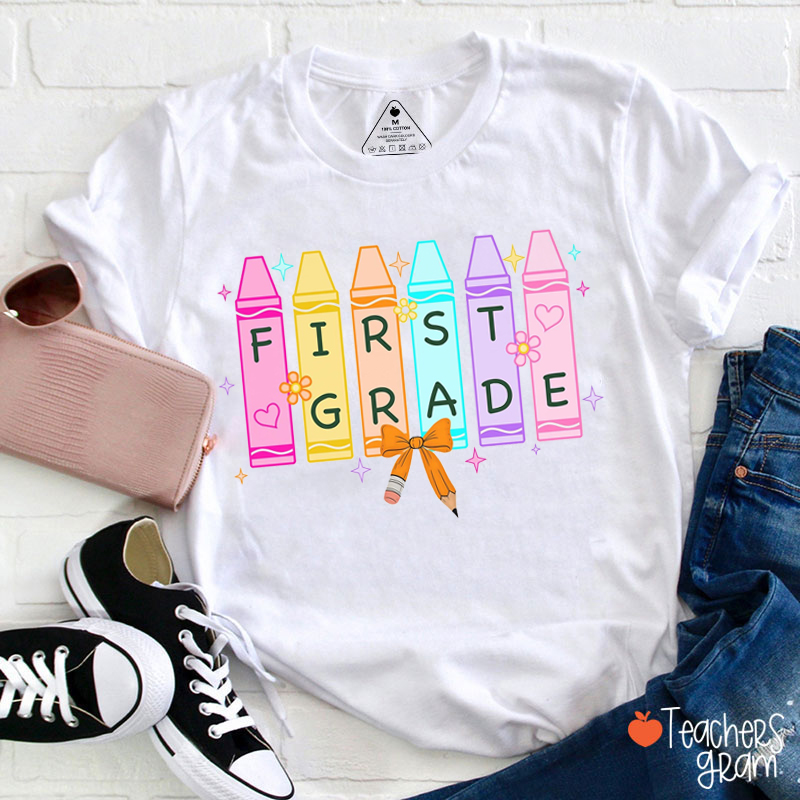 Personalised Grade Crayon Pencil Bow Teacher T-Shirt