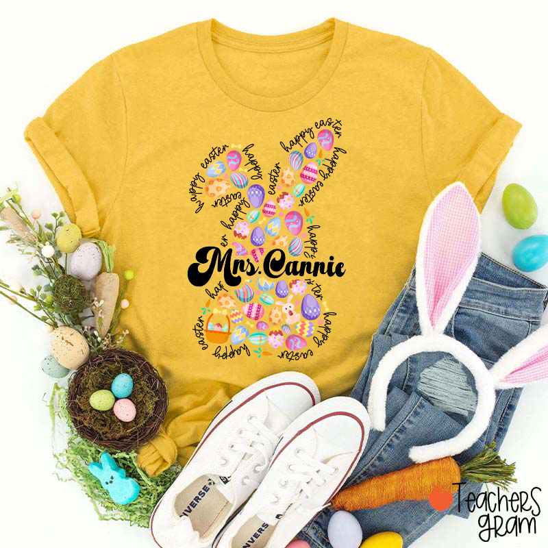 Personalized Name Bunny Egg Happy Easter Teacher T-Shirt