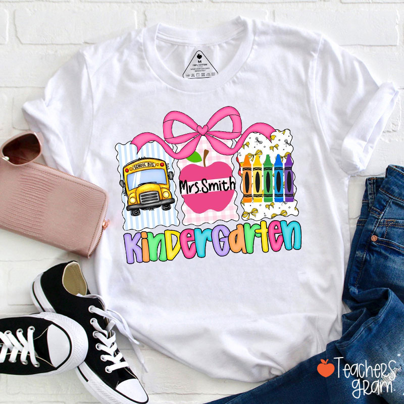 Personalized Grade And Name School Bus And Crayon Teacher T-Shirt