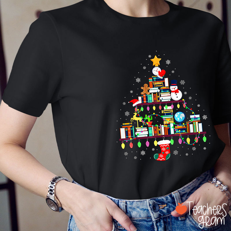 Christmas Tree Shaped Bookshelf Teacher T-Shirt