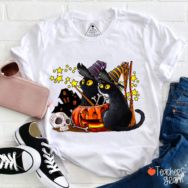 Black Cat Pumpkin Halloween Teacher T-Shirt