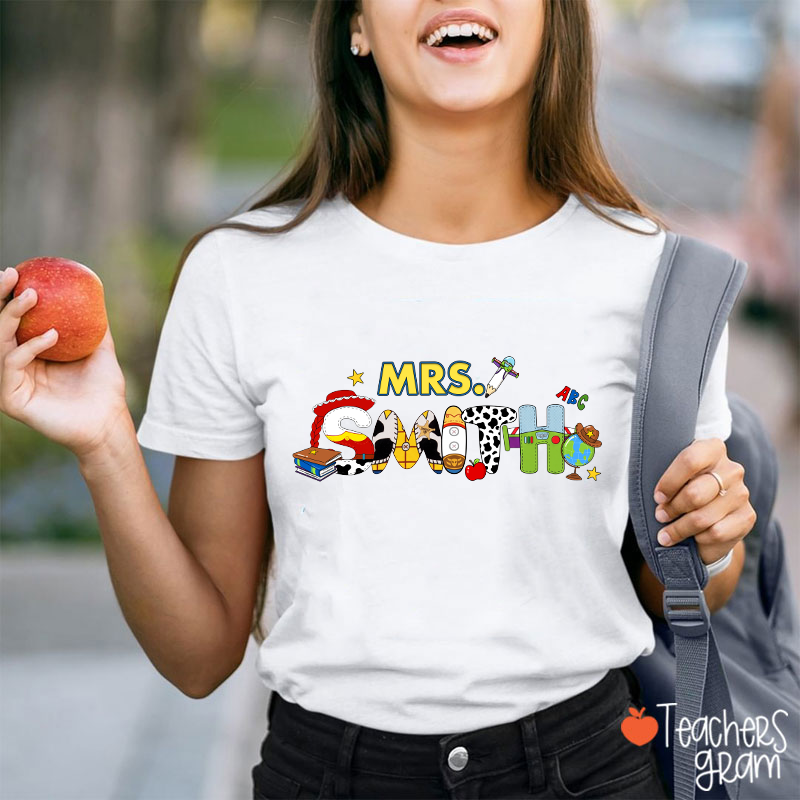 Personalized Name Colorful Toy Doodle Teacher T-Shirt