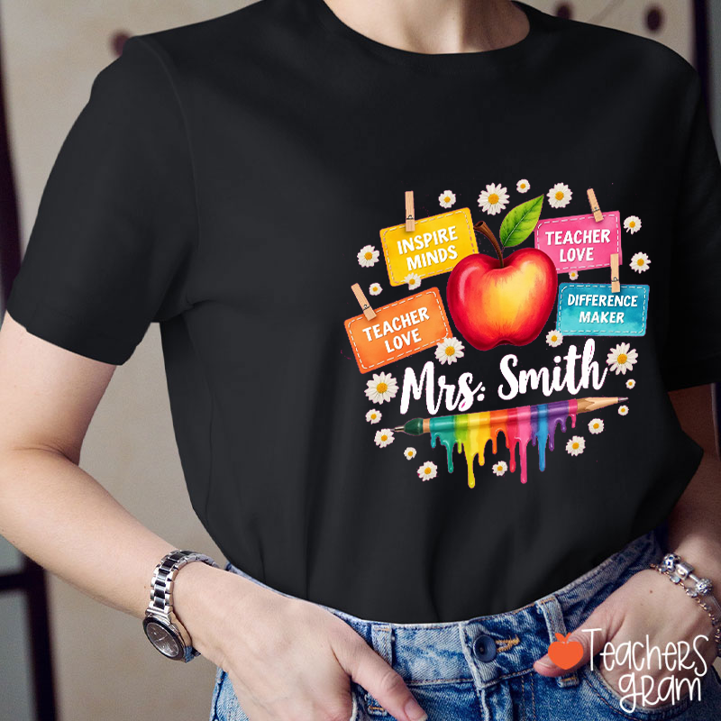 Personalized Name Apple Pencil Paint Color Daisy Teacher T-Shirt