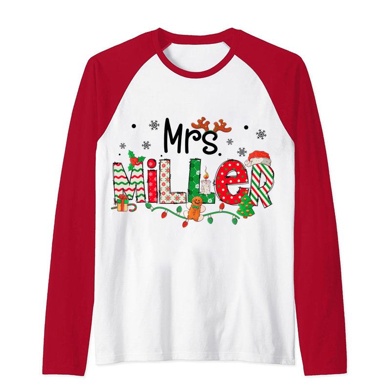 Personalized Teacher Name Christmas Teacher Raglan Long Sleeve T-Shirt