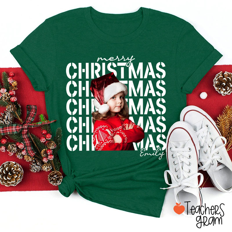 Personalized Stacked Merry Christmas Photo Teacher T-Shirt