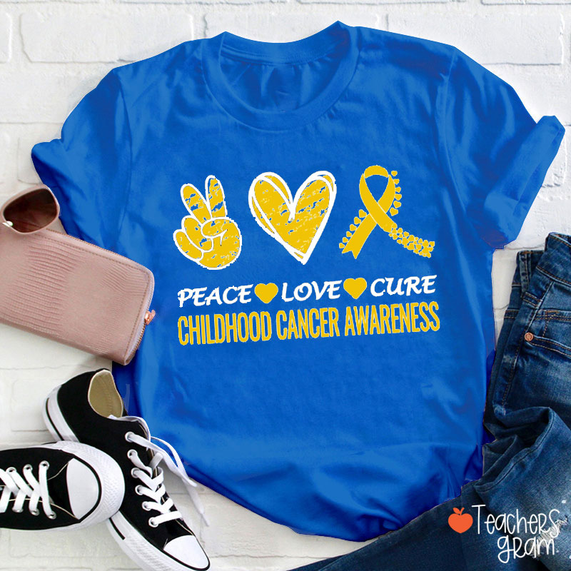 Peace Love Cure Childhood Cancer Awareness Teacher T-Shirt