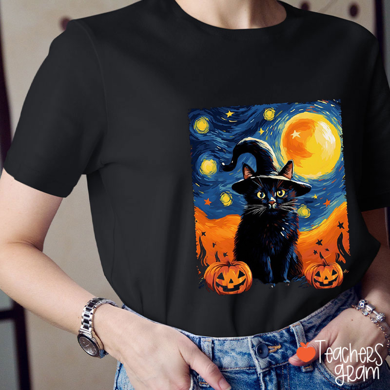 Starry Black Cat Pumpkin Halloween Teacher T-Shirt
