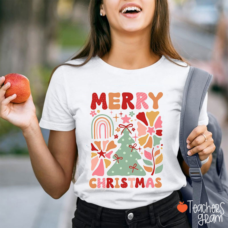 Merry Christmas Flower Christmas Tree Teacher T-Shirt