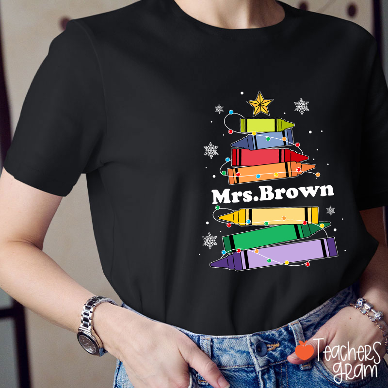 Personalized Name Pencil Christmas Tree Teacher T-Shirt