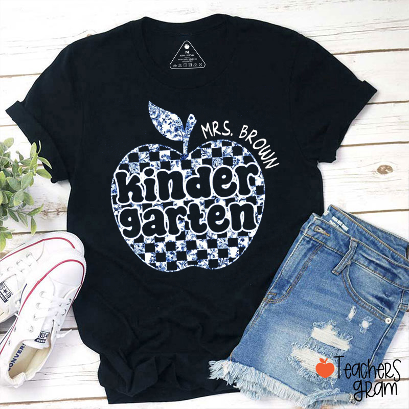 Personalized Grade Blue And White Porcelain Apple Teacher T-Shirt