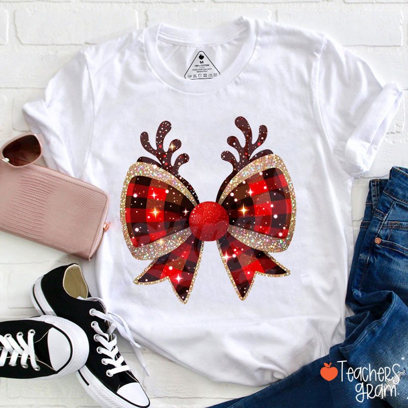 Glitter Reindeer Bow Teacher T-Shirt