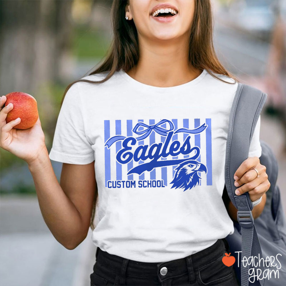 Personalized Mascot Stripes And Bow Teacher T-Shirt