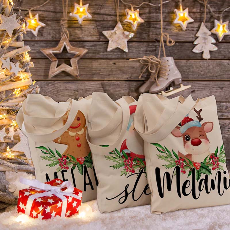 Personalized Christmas Santa Snowman Penguin Reindeer Tree Teacher Tote Bag