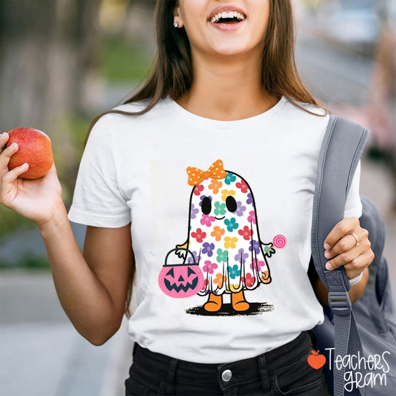 Cute Flower Bow Ghost Halloween Teacher-Shirt
