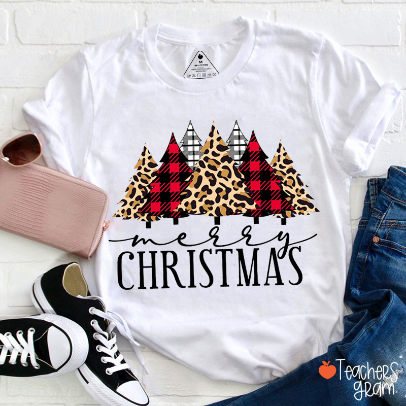 Merry Christmas Leopard Print Christmas Tree Teacher T-Shirt
