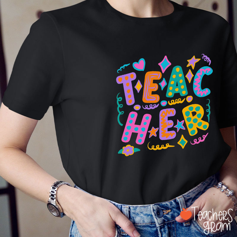 Personalized Cartoon Style Spring Circle Heart Star Teacher T-Shirt