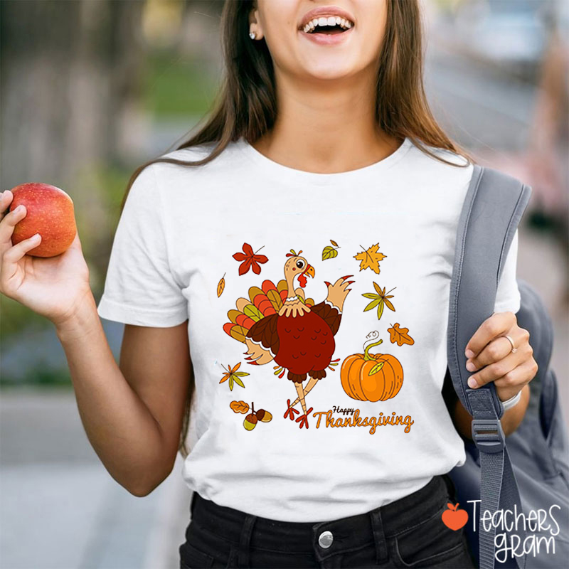 Happy Thanksgiving Turkey Pumpkin Teacher T-Shirt