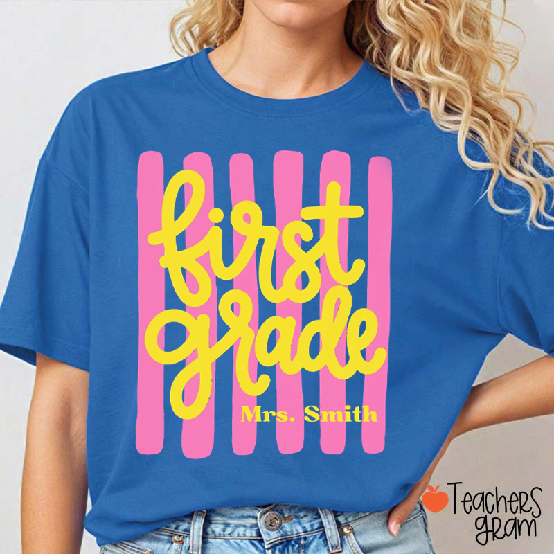 Personalized Name Grade Striped Cursive Teacher T-Shirt
