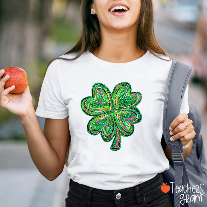 Glitter Four Leaf Clover Teacher T-Shirt