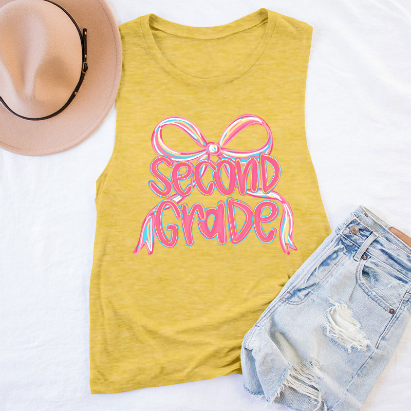 Personalized Grade Pink Bow Teacher Tank Top