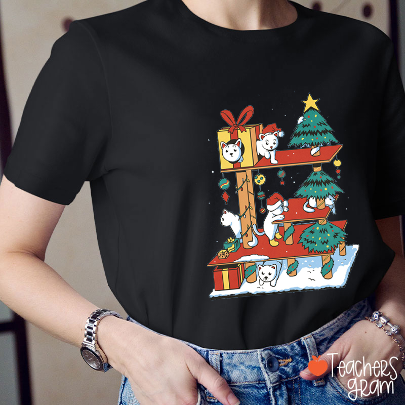 Cats Playing Merry Christmas Teacher T-Shirt