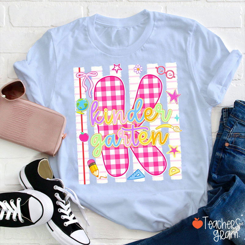 Personalized Notebook Style Pink Checkered Teacher T-Shirt