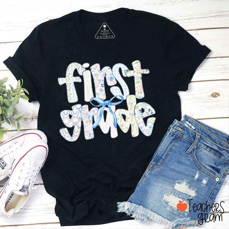 Personalized Grade Flower Fonts Blue Bow Teacher T-Shirt