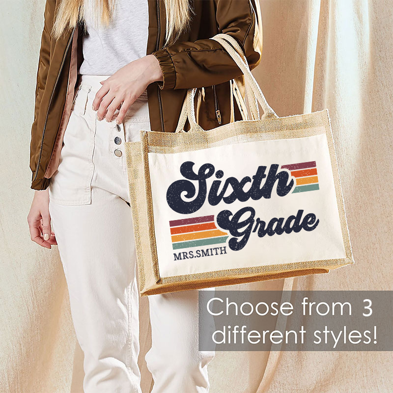 Personalized Grade And Name Retro Horizontal Stripes Teacher Jute Lunch Bag